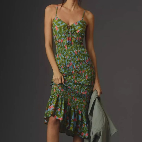 New FARM Rio Ruched Tie Front Midi Dress